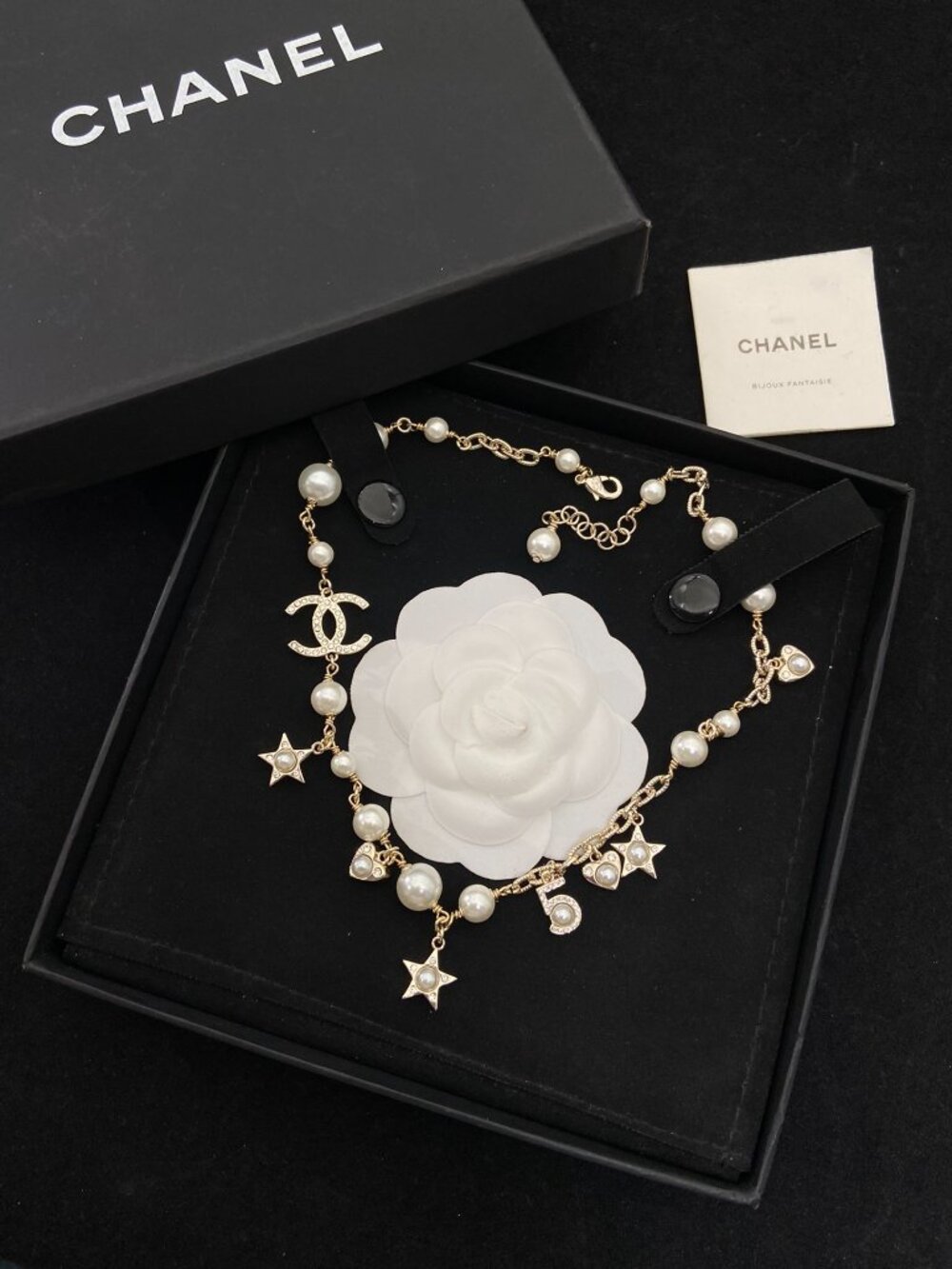 CHANEL CC Star Heart No.5 Pearl Choker Necklace